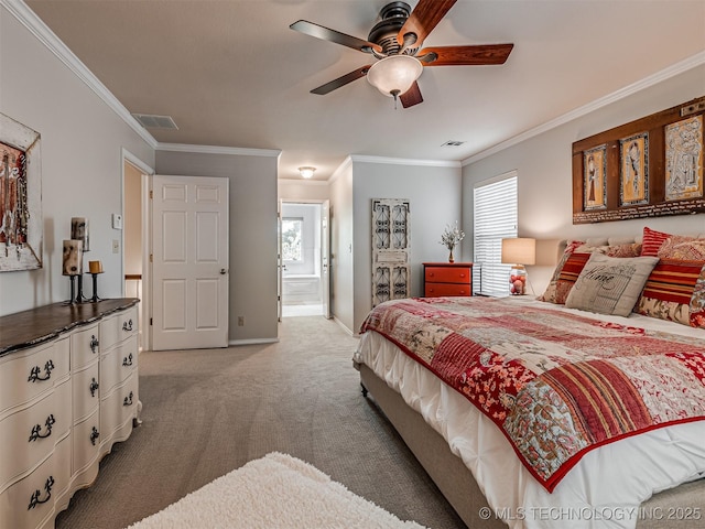 5517 E 101st Pl, Tulsa, OK 74137 - bedroom featuring ornamental molding, carpet flooring, baseboards, ceiling fan, and ensuite bathroom