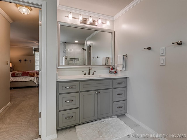5517 E 101st Pl, Tulsa, OK 74137 - bathroom with crown molding, marble look tiles, vanity, connected bathroom, and baseboards