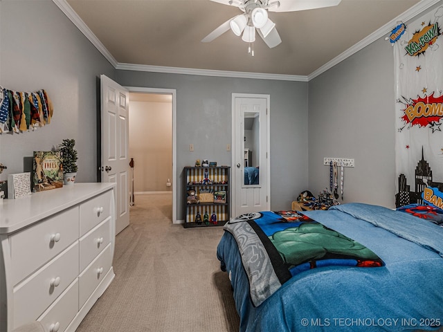 5517 E 101st Pl, Tulsa, OK 74137 - bedroom with light colored carpet, ornamental molding, a ceiling fan, and baseboards