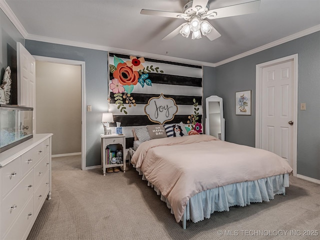 5517 E 101st Pl, Tulsa, OK 74137 - bedroom with crown molding, light carpet, baseboards, and a ceiling fan