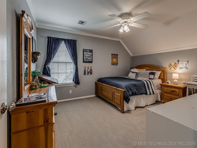 5517 E 101st Pl, Tulsa, OK 74137 - bedroom featuring ornamental molding, baseboards, light carpet, lofted ceiling, and a ceiling fan