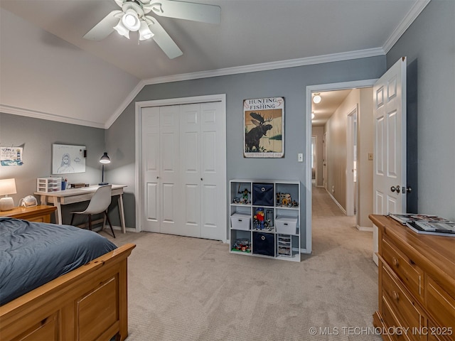 5517 E 101st Pl, Tulsa, OK 74137 - bedroom featuring light colored carpet, crown molding, a closet, ceiling fan, and lofted ceiling