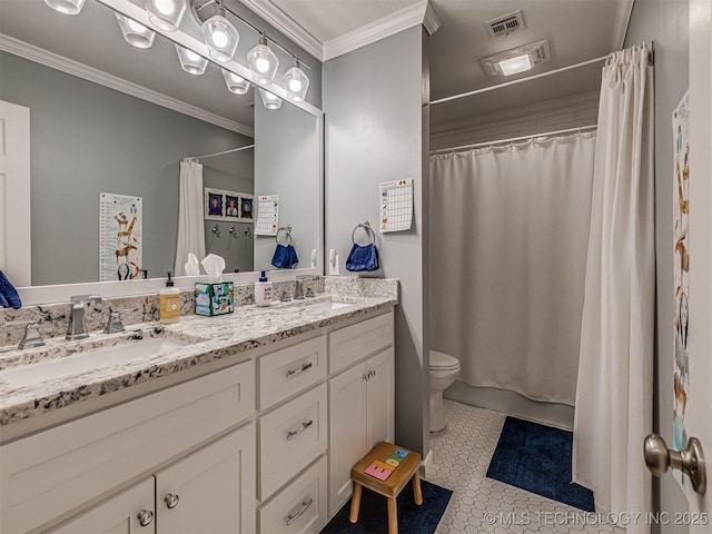 5517 E 101st Pl, Tulsa, OK 74137 - full bathroom with crown molding, double vanity, toilet, and a shower with shower curtain
