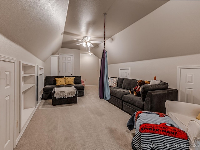 5517 E 101st Pl, Tulsa, OK 74137 - carpeted living area with vaulted ceiling, ceiling fan, built in features, and a textured ceiling