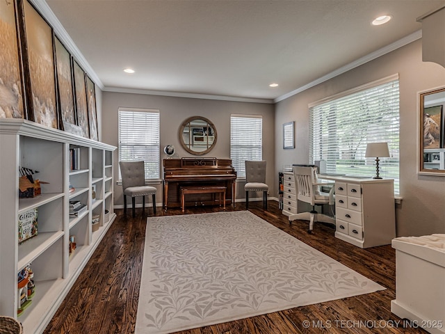 5517 E 101st Pl, Tulsa, OK 74137 - office with crown molding, dark wood-style flooring, and recessed lighting