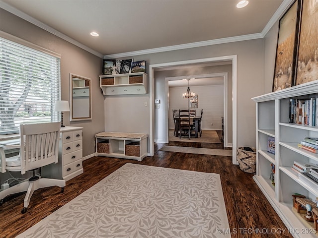 5517 E 101st Pl, Tulsa, OK 74137 - home office with crown molding, dark wood finished floors, a chandelier, baseboards, and recessed lighting