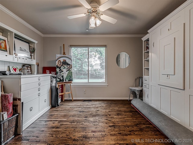 5517 E 101st Pl, Tulsa, OK 74137 - office with ornamental molding, dark wood-style flooring, baseboards, and a ceiling fan