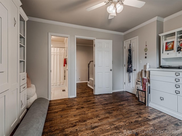 5517 E 101st Pl, Tulsa, OK 74137 - bedroom featuring crown molding, dark wood-style flooring, a ceiling fan, baseboards, and ensuite bath
