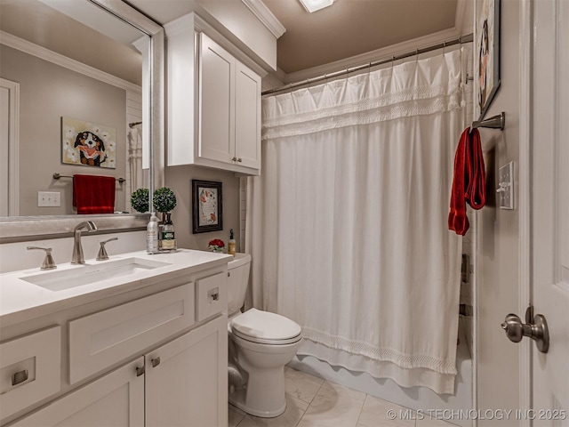 5517 E 101st Pl, Tulsa, OK 74137 - bathroom with ornamental molding, vanity, toilet, and shower / tub combo with curtain