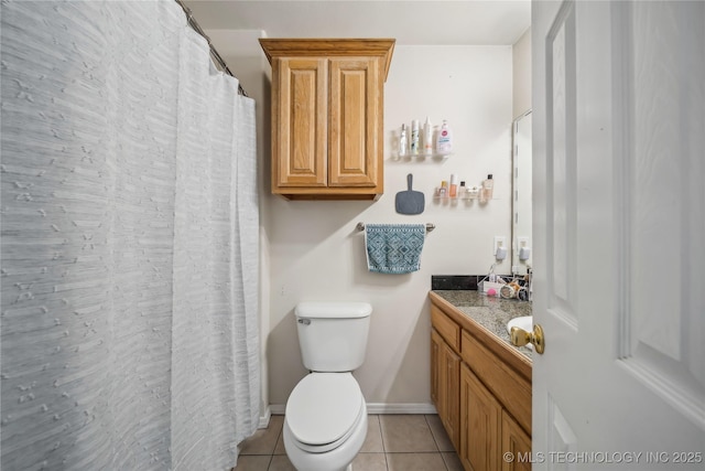 full bathroom with tile patterned flooring, vanity, toilet, baseboards, and a shower with curtain