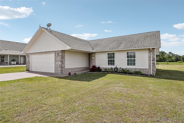 ranch-style house with an attached garage, stone siding, driveway, and a front yard