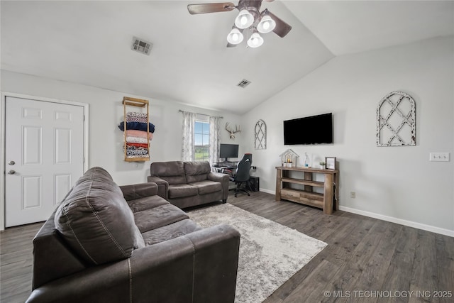 living area with lofted ceiling, ceiling fan, dark wood-style flooring, and baseboards