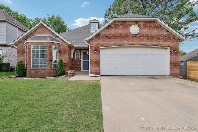 1414 W 114th St, Jenks, OK 74037 - view of front of house featuring brick siding, concrete driveway, a garage, a shingled roof, and a front yard