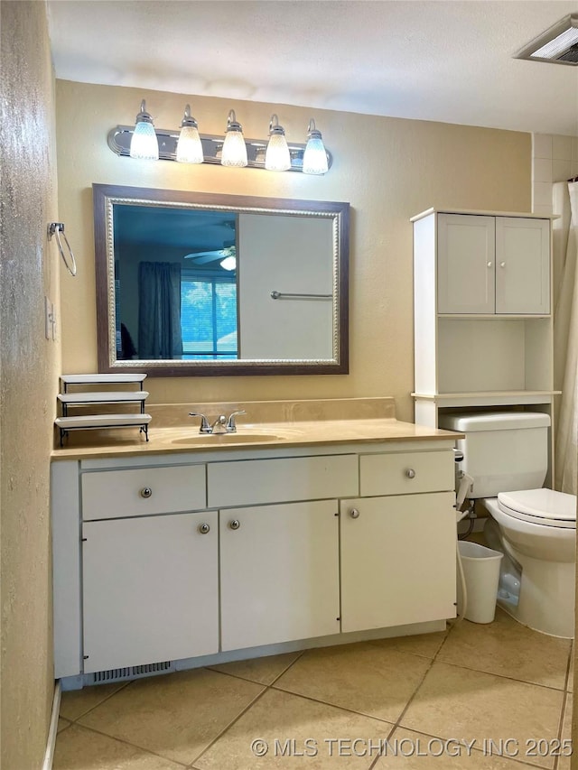 3164 S 101st E Ave Unit 801, Tulsa, OK 74146 - full bath with tile patterned flooring, vanity, toilet, a textured wall, and a ceiling fan