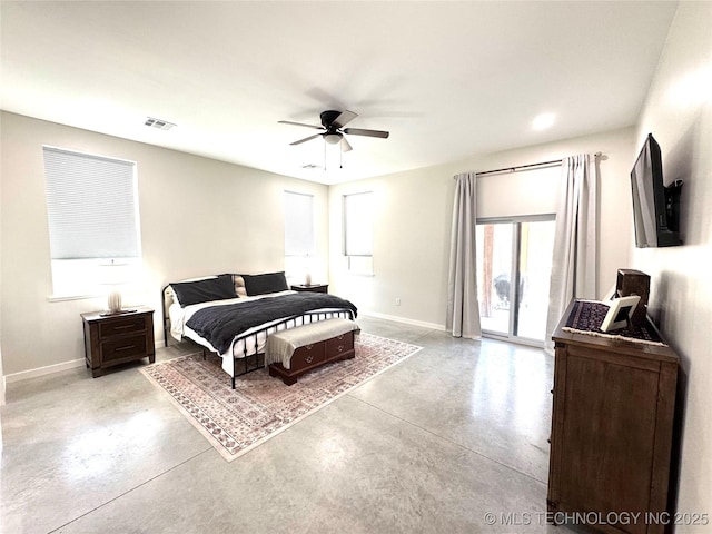 116645 S 4215th Rd, Eufaula, OK 74432 - bedroom featuring concrete flooring, baseboards, access to outside, and ceiling fan