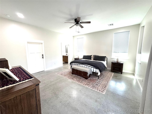 116645 S 4215th Rd, Eufaula, OK 74432 - bedroom featuring concrete flooring, baseboards, ensuite bath, and a ceiling fan