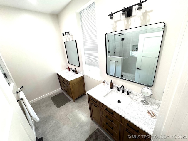 116645 S 4215th Rd, Eufaula, OK 74432 - full bathroom with two vanities, a stall shower, and baseboards