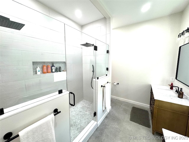 116645 S 4215th Rd, Eufaula, OK 74432 - bathroom with vanity, a shower stall, baseboards, and recessed lighting