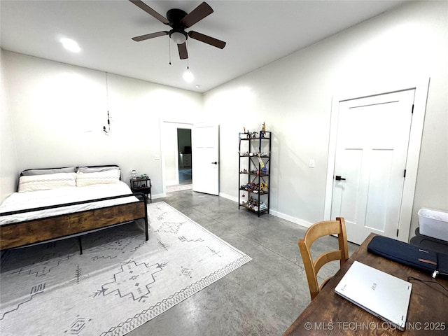 116645 S 4215th Rd, Eufaula, OK 74432 - bedroom featuring concrete floors, baseboards, recessed lighting, and ceiling fan