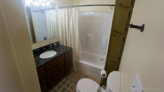 411 S 3rd, Eufaula, OK 74432 - bathroom with toilet, shower / tub combo with curtain, vanity, and wood finished floors