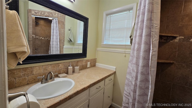 411 S 3rd, Eufaula, OK 74432 - bathroom with vanity, a tile shower, and backsplash