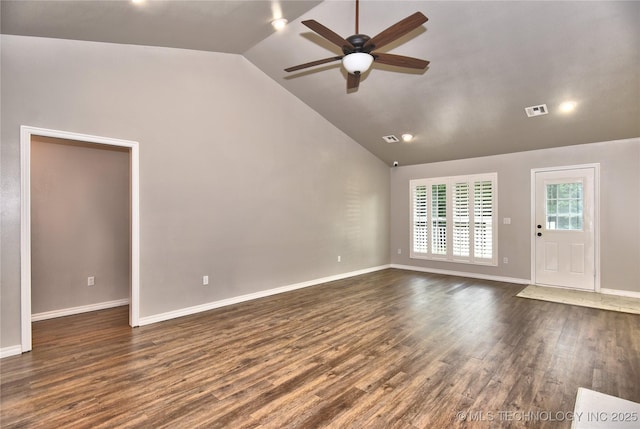 119 N 6th Mile, Fort Gibson, OK 74434 - unfurnished living room with a ceiling fan, dark wood-style flooring, baseboards, high vaulted ceiling, and recessed lighting