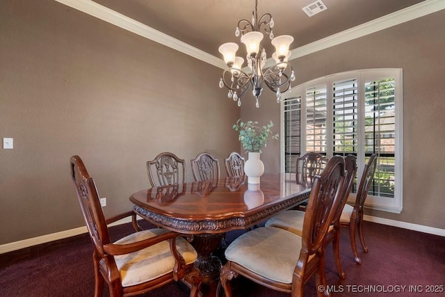 dining area with a chandelier, baseboards, carpet flooring, and ornamental molding