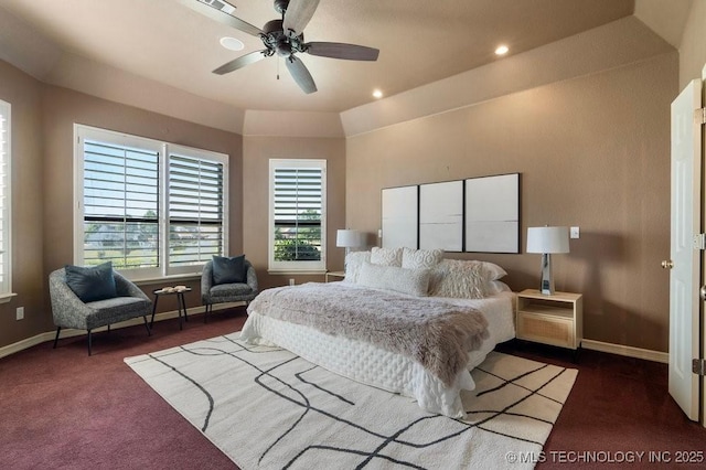 bedroom with baseboards, carpet flooring, recessed lighting, and ceiling fan