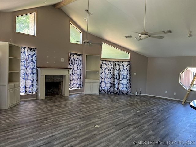 514 Lakeshore St, Durant, OK 74701 - unfurnished living room featuring a ceiling fan, wood finished floors, high vaulted ceiling, a tile fireplace, and baseboards