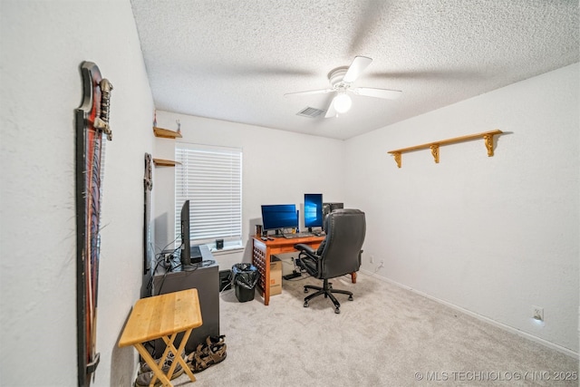 14516 E 36th St, Tulsa, OK 74134 - office area featuring ceiling fan, carpet, a textured ceiling, and baseboards
