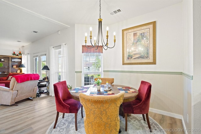 64 Floyd Everet, Colbert, OK 74733 - dining room featuring wood finished floors, a chandelier, wainscoting, and baseboards