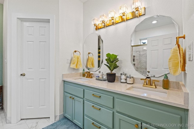 64 Floyd Everet, Colbert, OK 74733 - full bathroom featuring marble look tile flooring, a stall shower, double vanity, and a chandelier