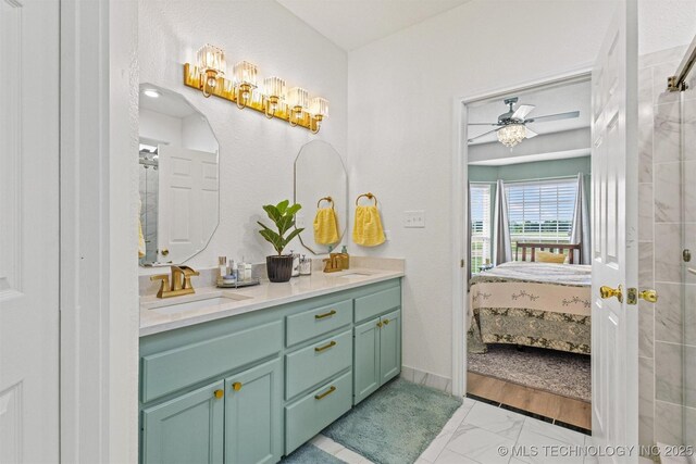 64 Floyd Everet, Colbert, OK 74733 - bathroom with connected bathroom, marble finish flooring, double vanity, a ceiling fan, and tiled shower