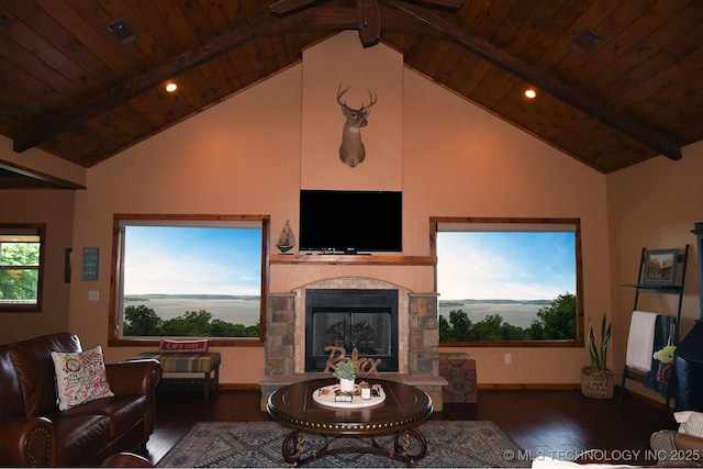 96729 S 4490, Vian, OK 74962 - living area with hardwood / wood-style floors, wood ceiling, ceiling fan, a fireplace, and recessed lighting