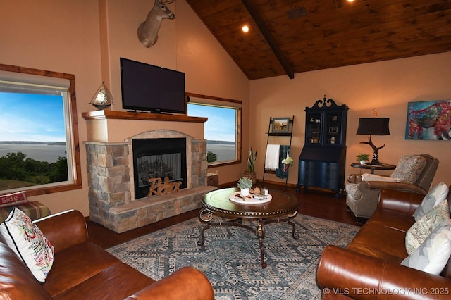 96729 S 4490, Vian, OK 74962 - living room with wood finished floors, high vaulted ceiling, beam ceiling, wood ceiling, and a fireplace