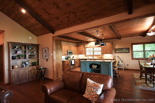 96729 S 4490, Vian, OK 74962 - living room featuring wooden ceiling, dark wood-style floors, and baseboards