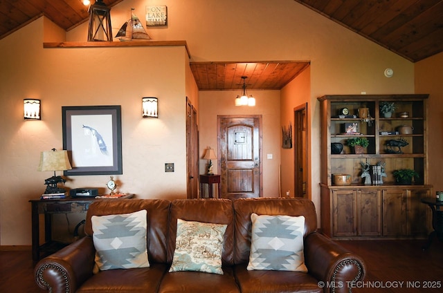96729 S 4490, Vian, OK 74962 - living area featuring wood ceiling, vaulted ceiling, wood finished floors, and baseboards
