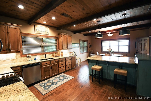 96729 S 4490, Vian, OK 74962 - kitchen featuring stainless steel dishwasher, a sink, wooden ceiling, dark wood-style flooring, and a kitchen bar