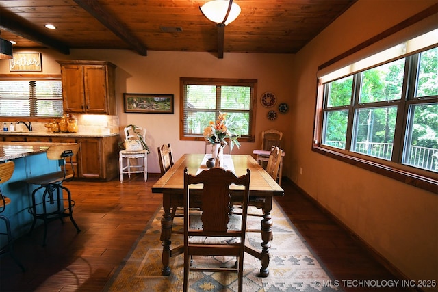 96729 S 4490, Vian, OK 74962 - dining space with wood ceiling, beamed ceiling, plenty of natural light, dark wood-style flooring, and recessed lighting