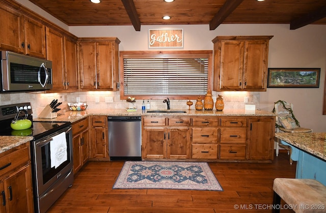 96729 S 4490, Vian, OK 74962 - kitchen with appliances with stainless steel finishes, a sink, beamed ceiling, recessed lighting, and wood ceiling