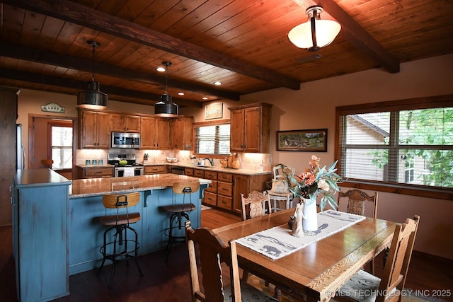 96729 S 4490, Vian, OK 74962 - dining room featuring dark wood-type flooring, wood ceiling, and beamed ceiling