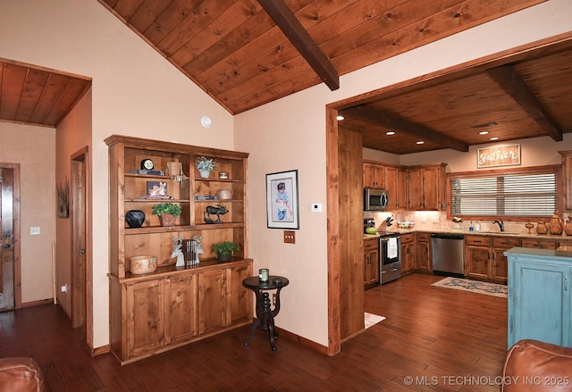 96729 S 4490, Vian, OK 74962 - kitchen with stainless steel appliances, wood ceiling, dark wood finished floors, baseboards, and light countertops