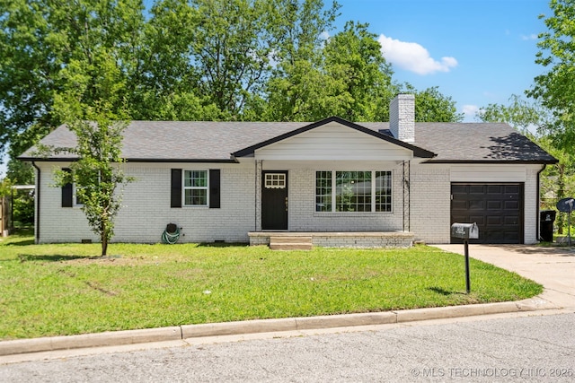 ranch-style house featuring a garage, driveway, a chimney, and a front yard