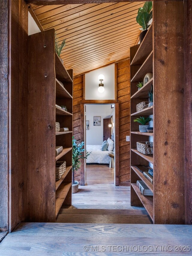 2528 E 57th St, Tulsa, OK 74105 - hallway featuring wood ceiling, wood-type flooring, and vaulted ceiling