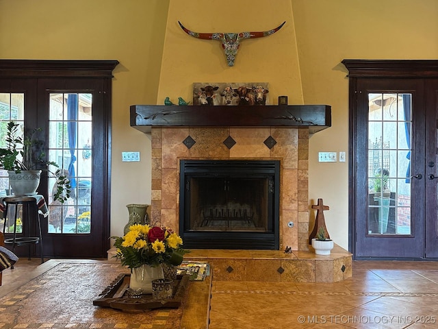 1216 N Oak Grove Rd, Drumright, OK 74030 - detailed view of french doors and a tiled fireplace
