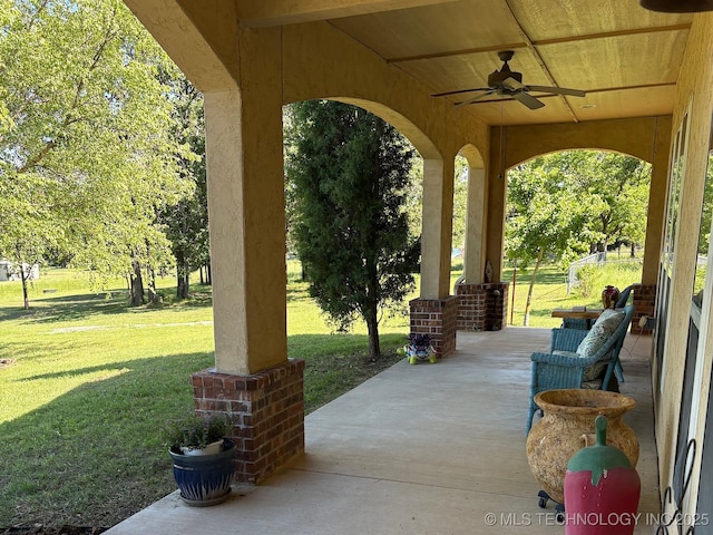 1216 N Oak Grove Rd, Drumright, OK 74030 - view of patio featuring ceiling fan and a porch