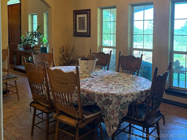 1216 N Oak Grove Rd, Drumright, OK 74030 - dining space featuring arched walkways, plenty of natural light, and tile patterned flooring
