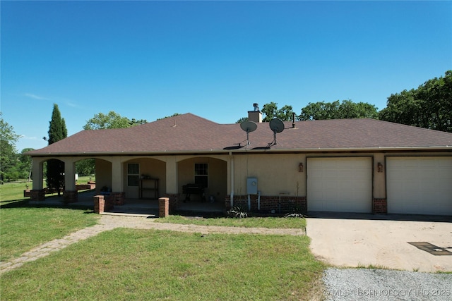 1216 N Oak Grove Rd, Drumright, OK 74030 - ranch-style home with a front lawn, brick siding, a porch, and stucco siding
