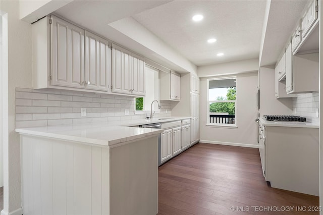 3442 E 75th Pl, Tulsa, OK 74136 - kitchen with a sink, tasteful backsplash, recessed lighting, baseboards, and dark wood-style floors