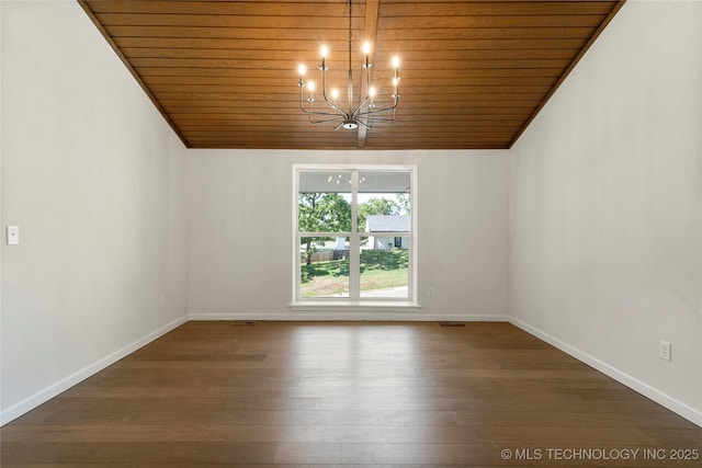 3442 E 75th Pl, Tulsa, OK 74136 - unfurnished room with wood ceiling, a chandelier, wood finished floors, baseboards, and lofted ceiling